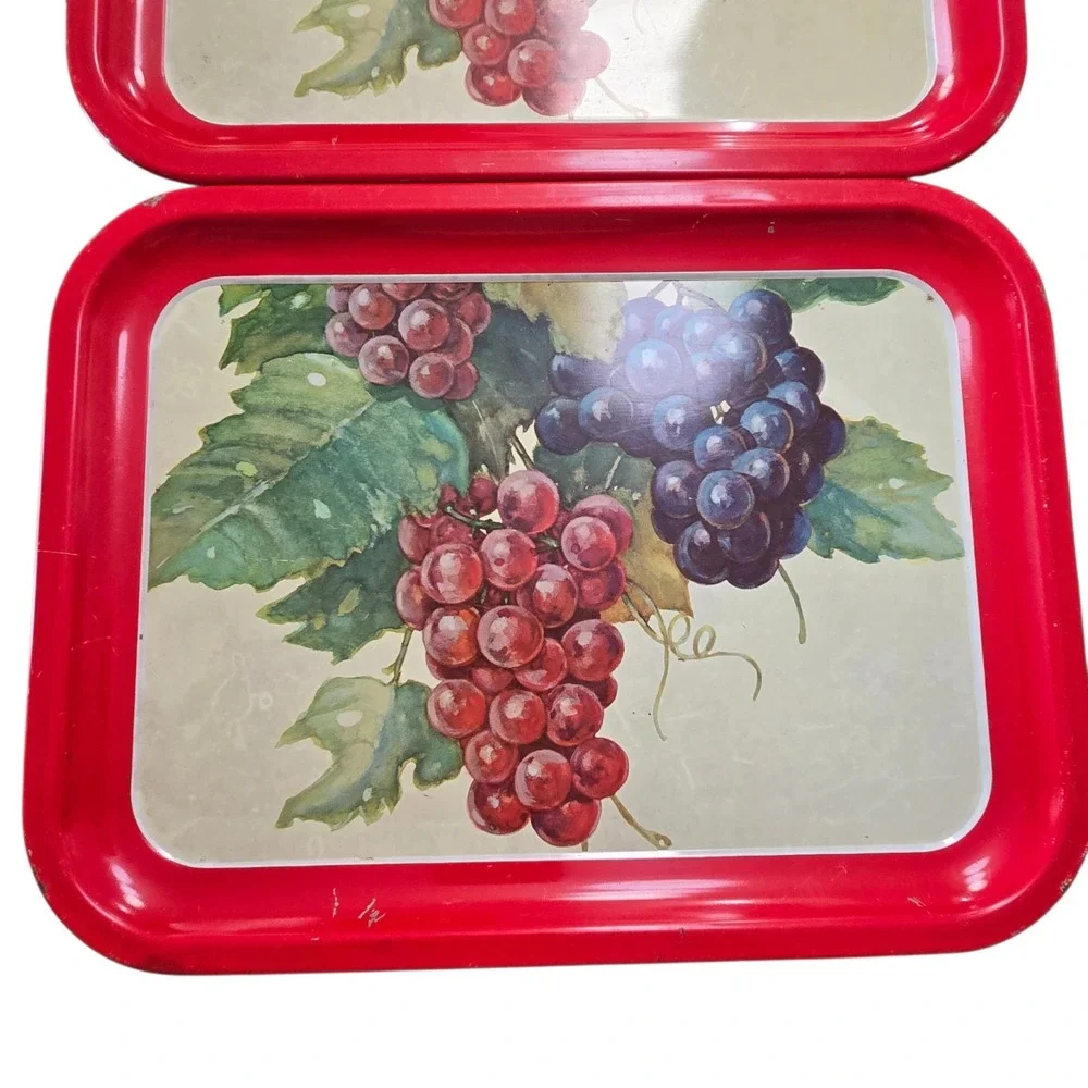 Vintage Metal Serving Trays Red Trim W/Grapes Design 10.5